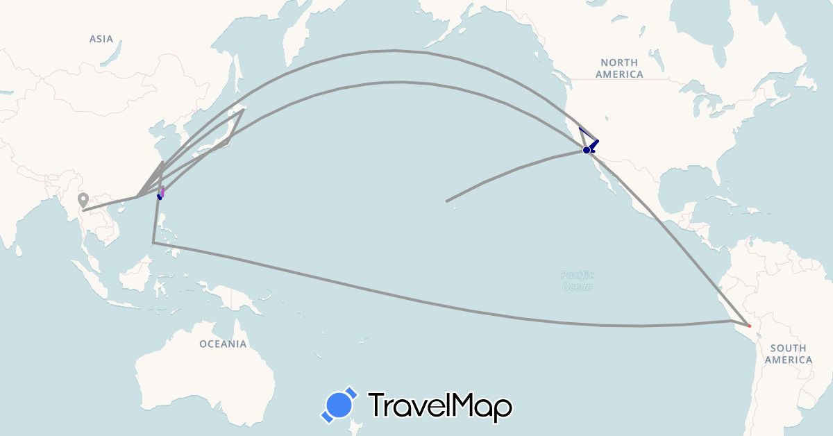 TravelMap itinerary: driving, plane, train, hiking, boat in China, Japan, Peru, Philippines, Thailand, Taiwan, United States (Asia, North America, South America)